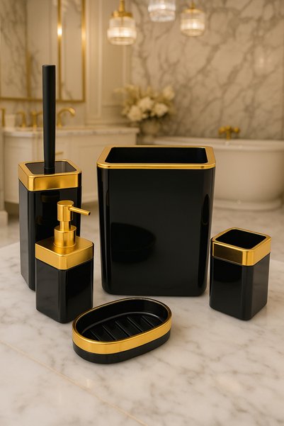 İmera Akrilik 5 Parça Kare Banyo Seti Parlak Siyah-gold
