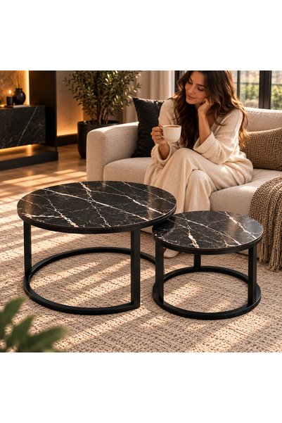 Generic Brand Set 2 Măsuțe de Cafea Rotunde, Blat MDF, Cadru Metalic Negru, 7...
