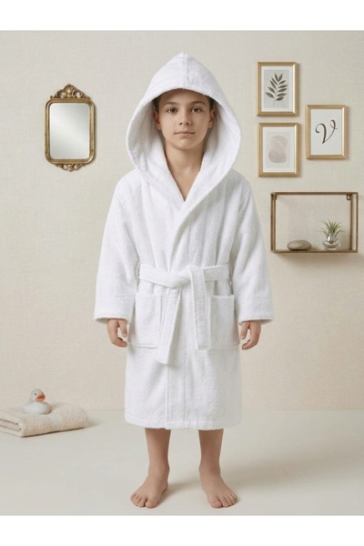 DENİZLİ ÇEYİZ Hooded Cotton White Children's Bathrobe