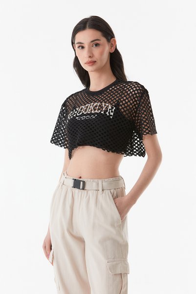 Fulla Moda Printed Openwork Knitwear Crop Blouse
