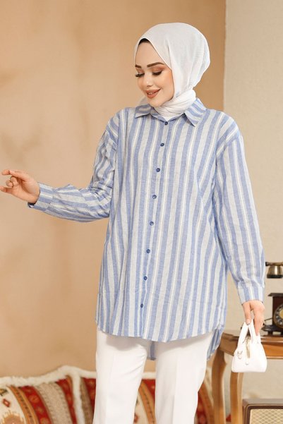 Neva Style Striped Blue Hijab Shirt 52293m