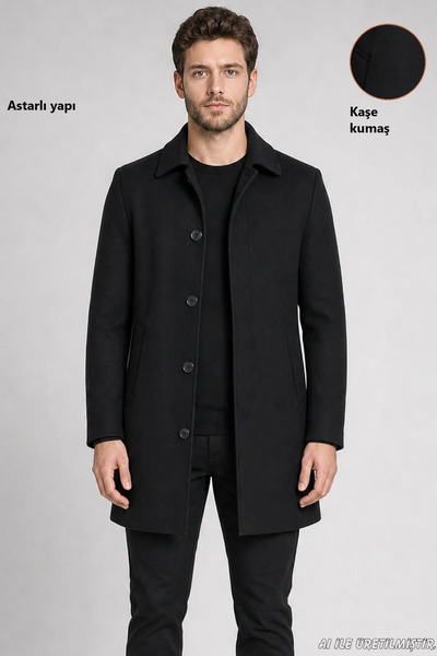 Freemen Erkek Siyah Slim Fit Kaşe Kaban Klasik Yaka 3 Düğmeli Kısa Kesim Kışl...