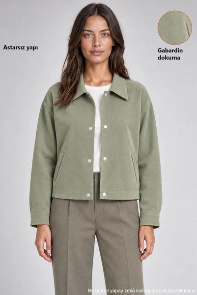 Freemen Women's Oversized Basic Gabardine Transitional Polo Collar Green Jacket