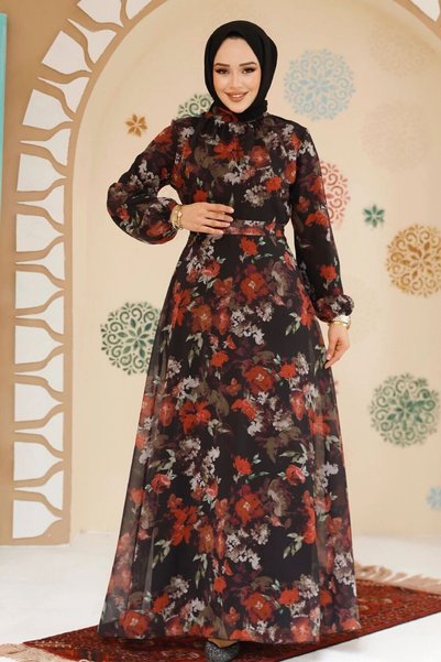 Neva Style فستان حجاب أسود منقوش بالزهور 27964S