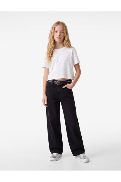 Koton Stoned Viscose Blend Crew Neck Short Sleeve Cropped Blouse