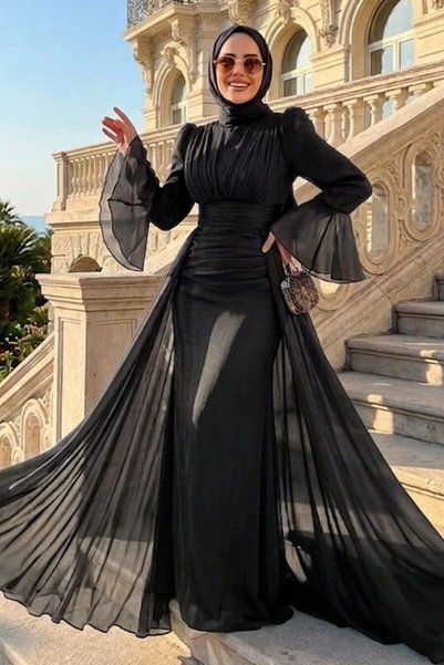 Neva Style Black Hijab Evening Dress with Tail 4986S