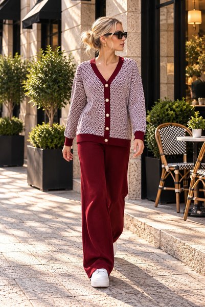 bacc Women's Burgundy V-Neck Buttoned Cardigan and Pants Top and Bottom Knitw...