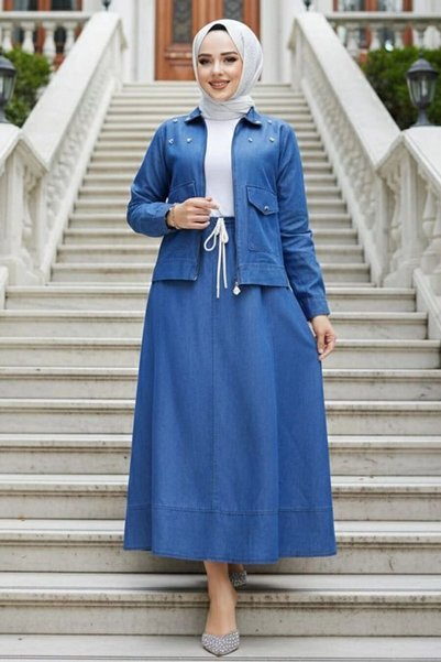 Neva Style Jacketed Navy Blue Hijab Skirted Denim Two-Piece Set 44641L