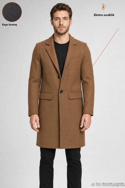 Freemen Ανδρικό παλτό Tan Slim Fit με κλασικό γιακά και 3 κουμπιά, μακρύ χειμ...