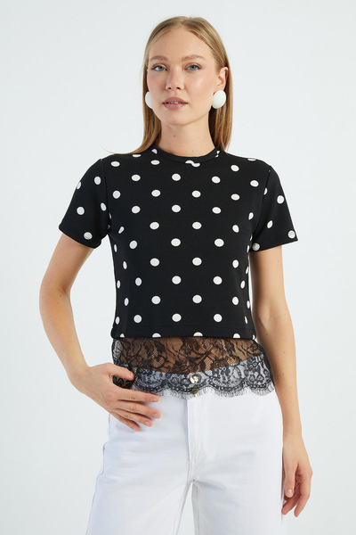 Fulla Moda Polka Dot Skirt Lace T-Shirt