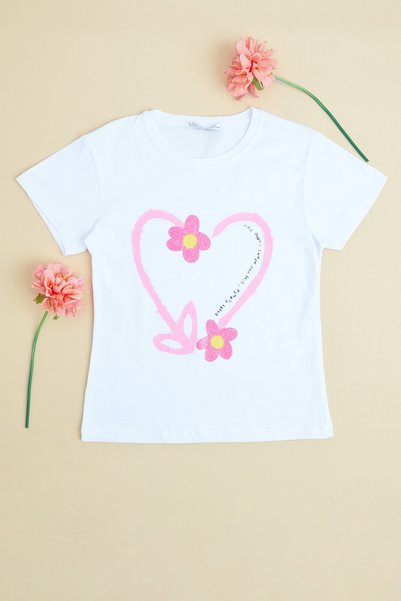Fulla Moda Heart and Flower Printed Girl's T-Shirt