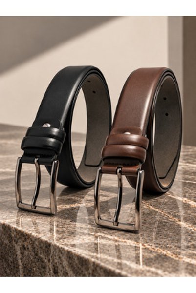 genuine leather company eds Erkek Siyah Klasik Vegan Deri Kemer Seti