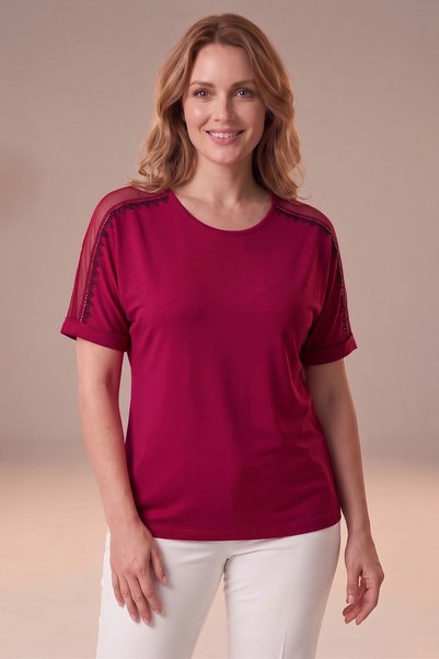 Fulla Moda Kolları Transparan Detaylı Taşlı Salaş Modal Tişört