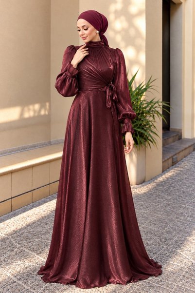 N.S NEVA STYLE Drapeli Tie Detail Brown Hijab Evening Dress 5668Kh