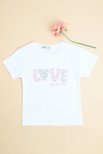 Fulla Moda Floral Love Text Printed Girl's T-Shirt