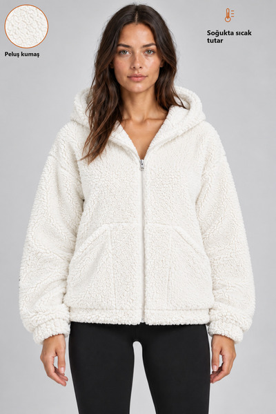 Freemen Kadın Beyaz Oversize Kapüşonlu Fermuarlı Cepli Peluş Sweatshirt