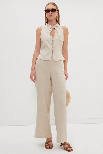 Fulla Moda Pantaloni cu aspect de in cu talie elastică