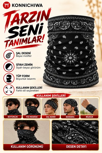 FG KONNİCHİWA Bandana Black Ethnic Bandana Face Mask and Neck Gaiter and Mult...