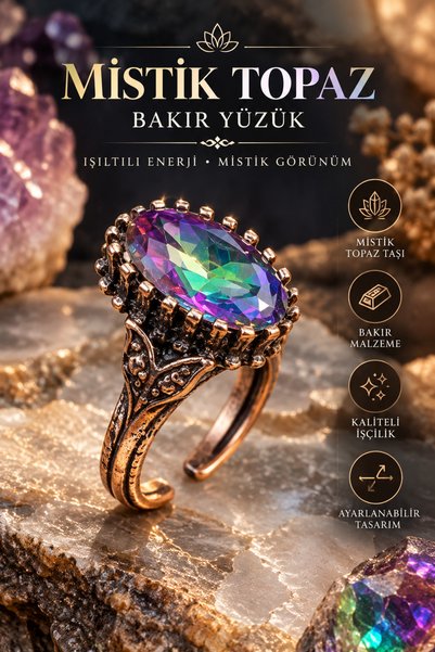 NBS Beautiful Naturel Stones Pure Copper Mystic Topaz Crystal Adjustable Ring...