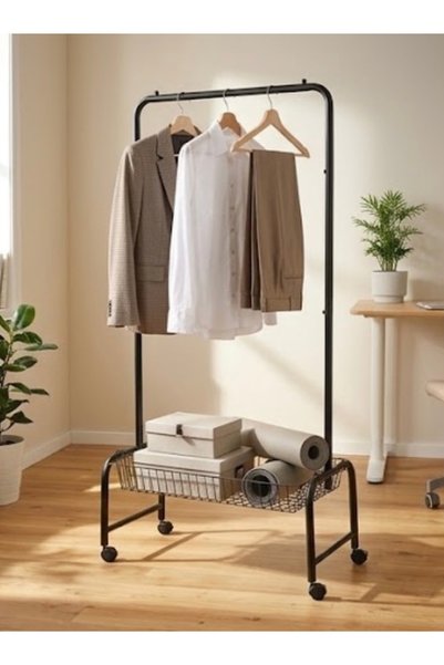 IN HOME STORE Black Metal Hanging Garment Rack Stand with Bottom Storage Bask...