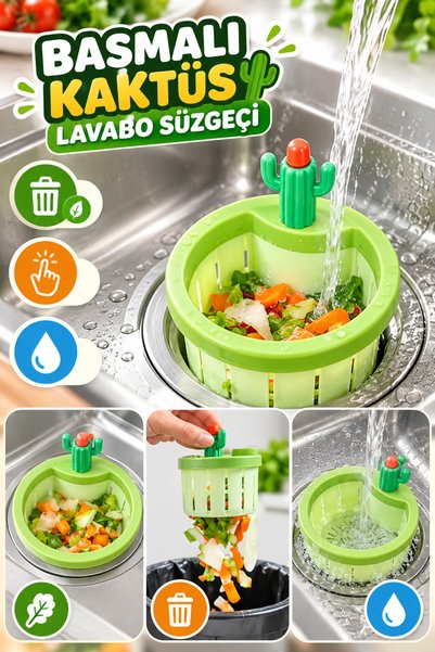 Hane Dostu Basmalı Kaktüs Mutfak Lavabo Süzgeci – Sebze ve Yemek Artıkları İç...