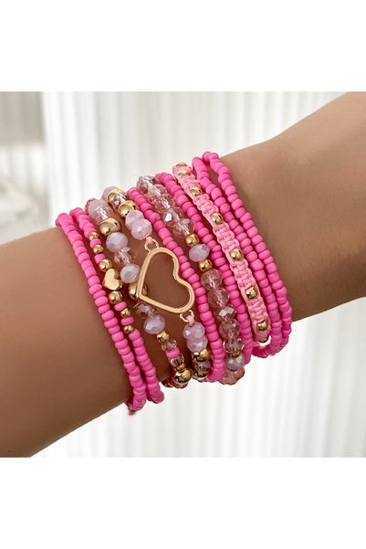 Choice Pink 10Pcs/Set Bohemian Handmade Rice Beads Heart-Shaped Bracelets Set...