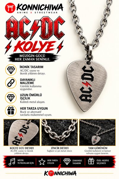 FG KONNİCHİWA Ac/Dc Necklace – Pen Design with Lightning Detail Rock Music Ne...