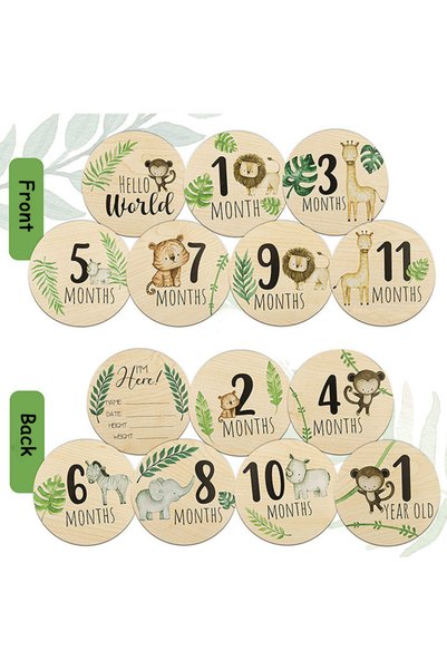 Choice 7pcs set 7pcs Wooden Baby Milestone Cards Jungle Animals Theme Photogr...
