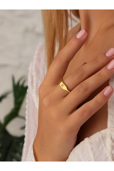 TAKI USTASI Kişiye Özel Harf İşlemeli Minimal Yüzük 925 Ayar Orjinal Gümüş