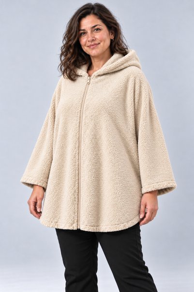 Curvy Trend Büyük Beden Kapşonlu Fermuarlı Sherpa Kuzu Kumaş Ceket