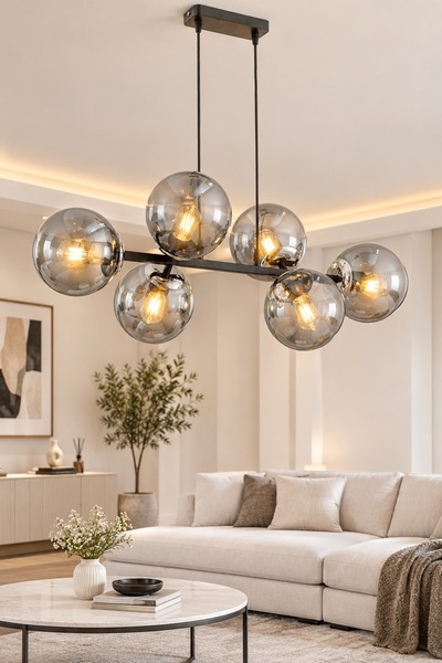 avimonaydınlatma CROSS 6'LI KROM - SİYAH FÜME GLOB CAMLI MODERN SARKIT AVİZE ...