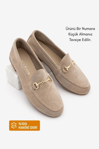 Marjin Women's Genuine Leather Chain Loafer Casual Shoes Tanle Beige Suede