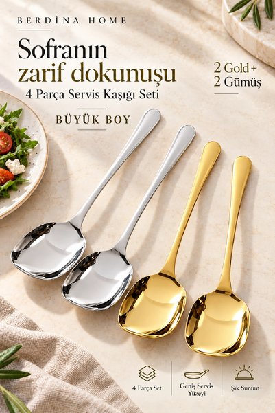 Berdina Home 2+2 Gold ve Paslanmaz Çelik Servis Kaşığı Seti Servis Kaşığı Set...