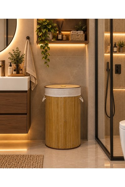 MİHMAN HOME Yuvarlak Doğal Bambu Çamaşır Sepeti