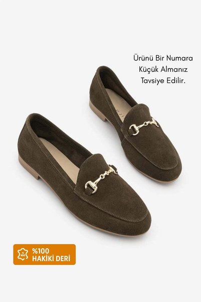 Marjin Γυναικεία παπούτσια Loafer με αλυσίδα από γνήσιο δέρμα Tanle Khaki Suede