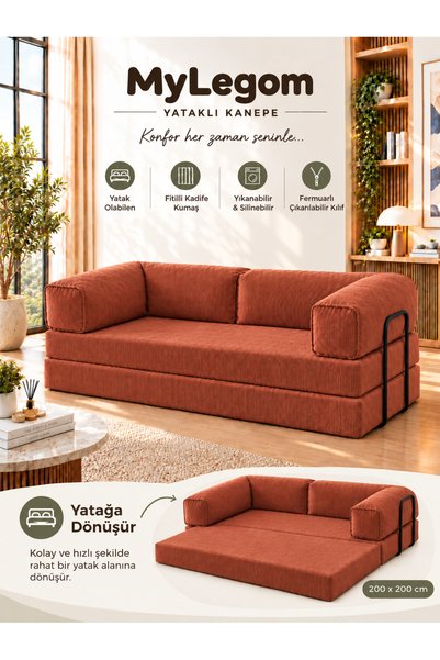 Ravessi MyLegom 100x200 Açılabilir Yataklı Kanepe, Fitilli Kadife Katlanır Di...