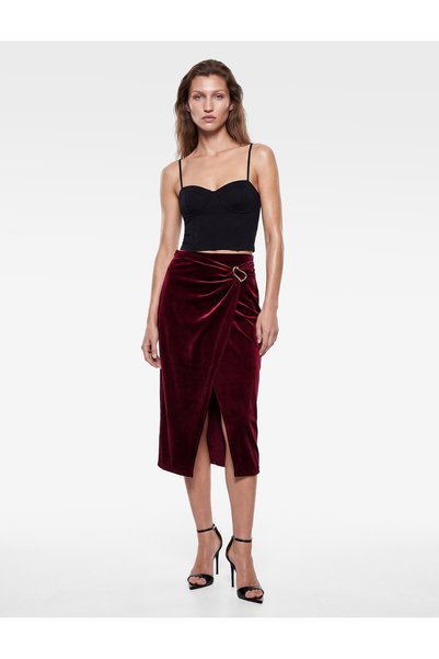 Koton Slim Fit Double-Breasted Velvet Wrap Midi Skirt with Slits and Accessories