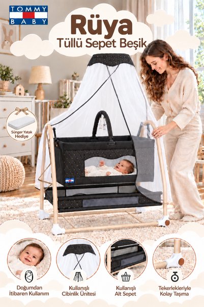 Tommybaby RüyaTüllü Sepet Beşik Sallanabilir Bebek Beşiği Tüllü Beşik