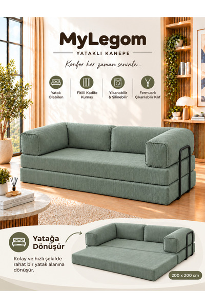 Ravessi MyLegom 100x200 Açılabilir Yataklı Kanepe, Fitilli Kadife Katlanır Di...