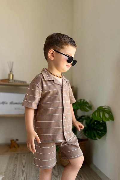 miabambim Striped Baby Boy T-Shirt Shorts Set Brown