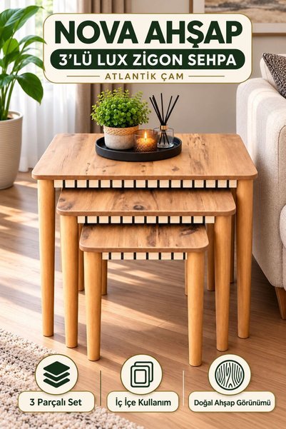 ADANUR DESIGN Nova Ahşap 3' lü Lux Zigon Sehpa Atlantik Çam Mdf