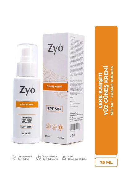Zyo Leke Karşıtı Yüz Güneş Kremi SPF 50+ Yüksek Korumalı Ton Eşitleyici 75 ml Tüm Cilt Tipleri İçin