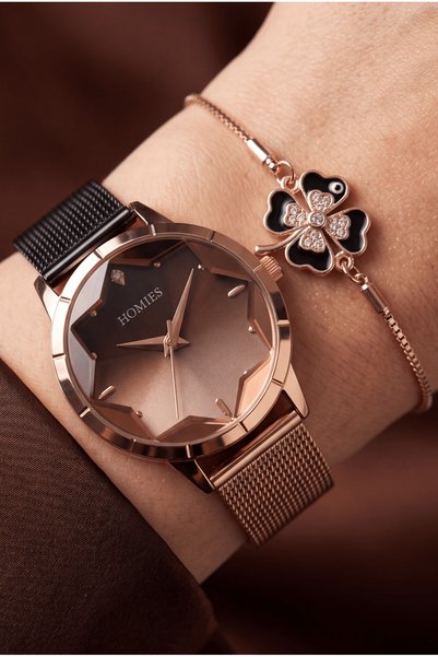 Homies Kadın Saat – Orijinal – Rose Gold ve Siyah Renk – Kristal Cam – Hediye...