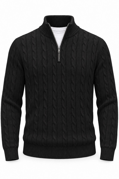 Valiberta Bardem Braided Half Zip Men's Knit Sweater - Black