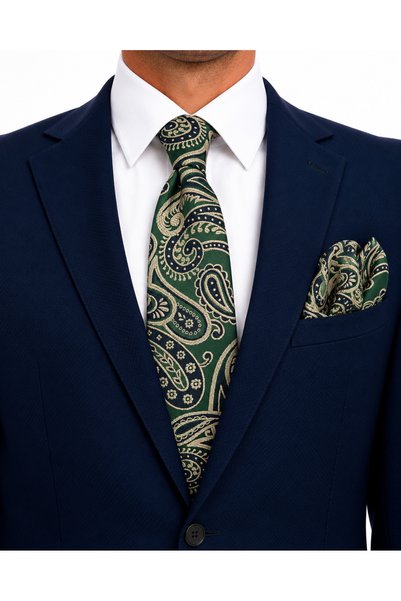Brianze 8 cm Green Navy Blue Beige Shawl Pattern Tie Handkerchief Set