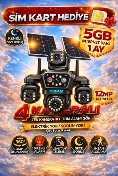 O-KAM OK337B Premium 12MP 4 Kameralı 4G Çift Solar Panel AOV Gece Görüş Sesli...