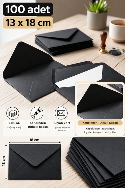 İstisna 100 Adet Siyah Zarf Kendinden Ağzı Tutkallı Yapışkanlı 13x18 cm Mektu...