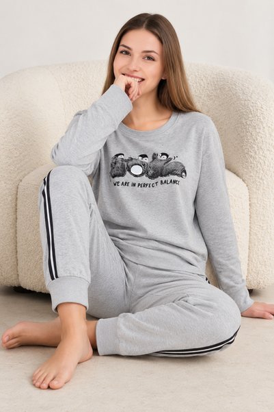 Cotpark Women's Grey Penguin-Printed Long-Sleeved Viscose Blend Pajama Set 30176