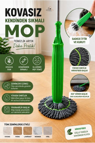 Emoev Kovasız Kendinden Sıkmalı Mikrofiber Mop El Değmeden Sıkılan Pratik Paspas
