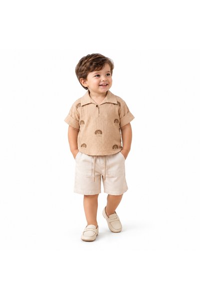 Top Kids Boys' Summer Handsome Two-Piece Set: Beige Bohemian Embroidered Shir...
